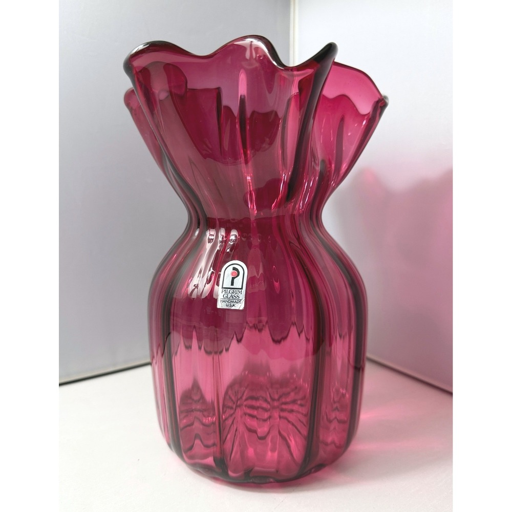 Vintage Pilgrim Glass Vase Cranberry Hand Blown Handkerchief
